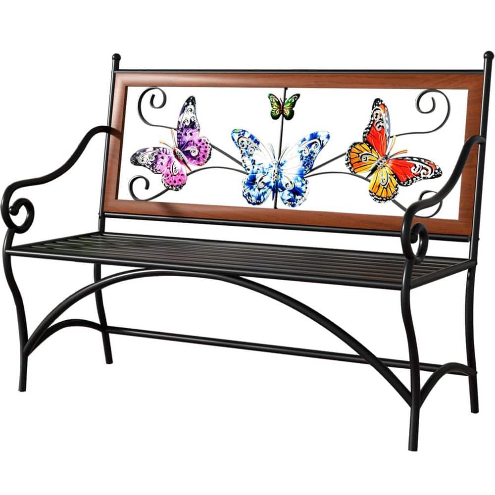 39.77 in. Garden Bench with Armrest, Slatted Seat and Butterfly Pattern Backrest, Cast Iron Metal Frame, Black price history on PriceWatchPro
