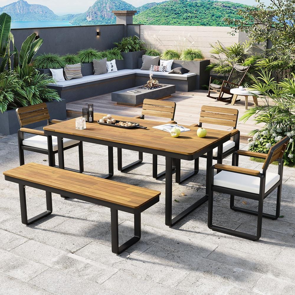 6-Piece Wood and Metal Outdoor Dining Set with Beige Cushions, Umbrella Hole price history on PriceWatchPro
