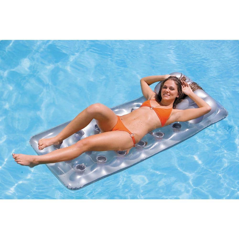 Silver Inflatable 18-Pocket Suntanner Pool Lounger with Headrest