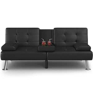 65 in. Convertible Folding Futon Sofa Bed, Black Faux Leather Upholstered Roomy Love Seat