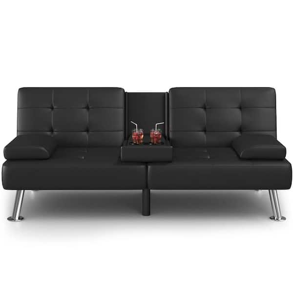 LACOO 65 in. Convertible Folding Futon Sofa Bed, Black Faux Leather Upholstered Roomy Love Seat