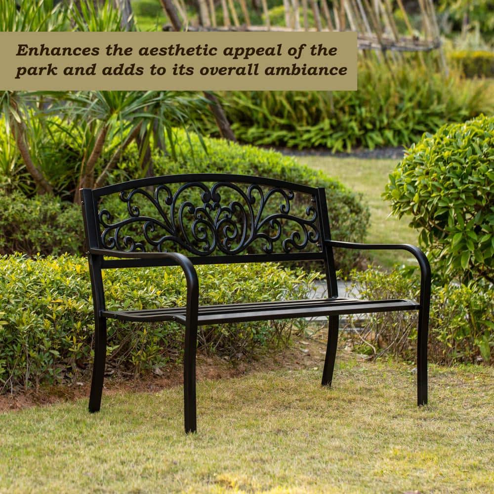 Black Powder Coated Steel Outdoor Bench with Cast Iron Backrest