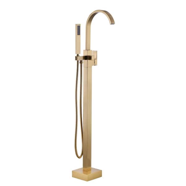 WOWOW Waterfall Single-Handle Freestanding Tub Faucet with Handshower, Floor Mounted Tub Filler Faucet in. Brushed Gold