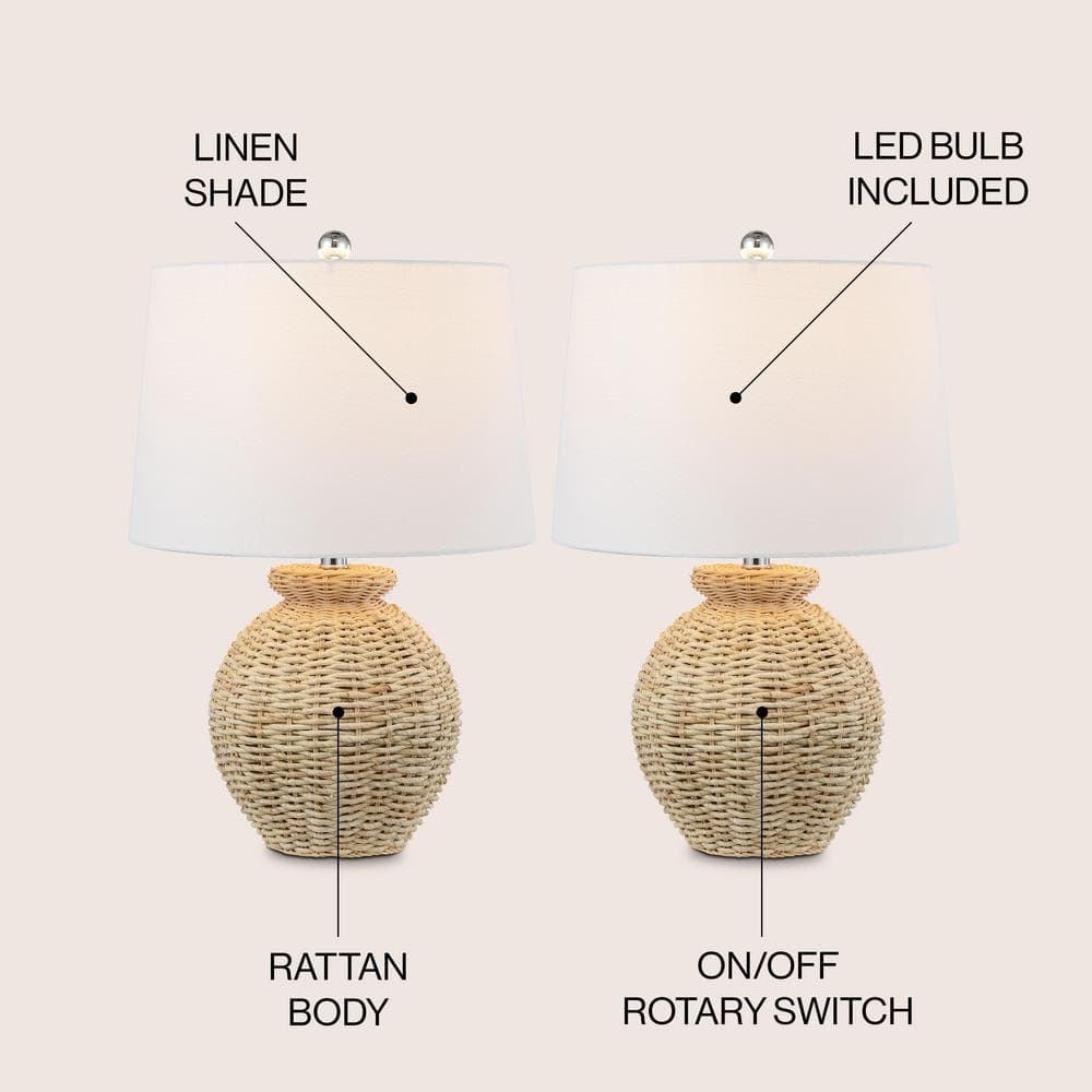 Nora 22" Woven Rattan Urn Shape Table Lamp Set with White Linen Shade