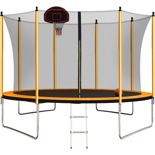 Tenleaf 10 ft. Outdoor Round OrangeTrampoline with Basketball Hoop