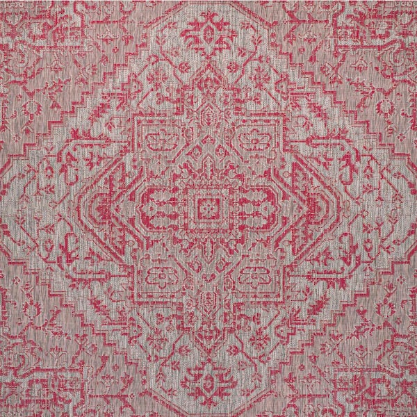 Estrella Bohemian Medallion Textured Weave Light Gray/Fuchsia 5 ft. Square Indoor/Outdoor Area Rug