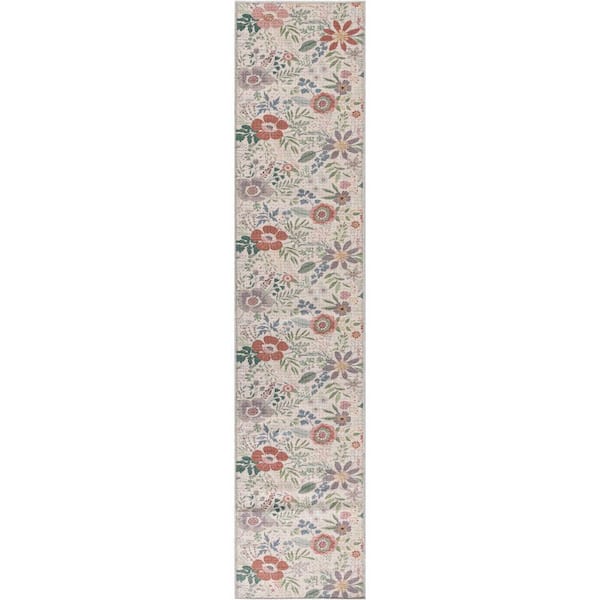 Washables Cream Multicolor 2 ft. x 8 ft. Botanical Traditional Runner Area Rug