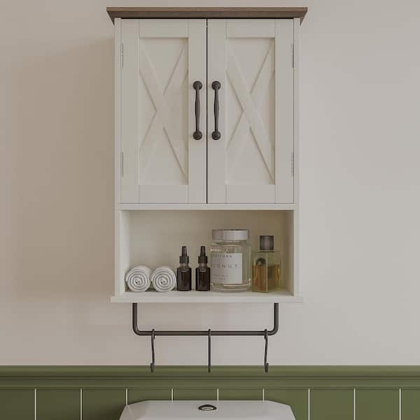 15 in. W x 22 in. H Rectangular Beige Wood Surface Mount Medicine Cabinet without Mirror with Towel Bar, 3 Hooks, Shelf
