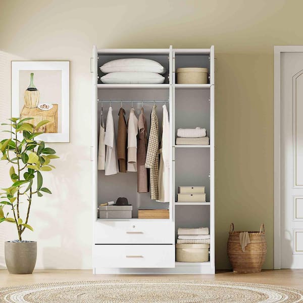 White Particle Board Wood 41.3 in. Wardrobe with 3-Door Mirror, 2 Drawers and Top Cabinet
