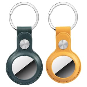 AirTag Holder PU Leather Keychain - Keyring and Protective Case Cover for GPS Tracker, Green/Yellow (2-Pack)