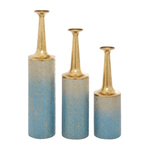 27 in., 24 in., 20 in. Blue Metal Floral Decorative Vase with Gold Top (Set of 3)