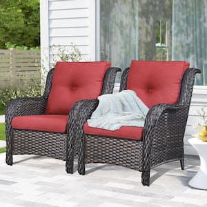 Carolina Metal and Brown Wicker Outdoor Lounge Chair with Olefin Red Cushions (2-Pack)