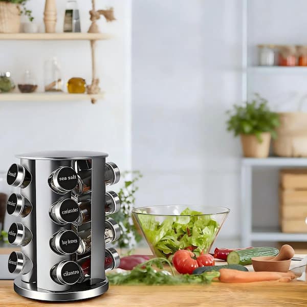 Revolving Countertop Spice Rack, Stainless Steel Seasoning Storage,  Spice Carousel Tower, Set of 16 Jars, Black