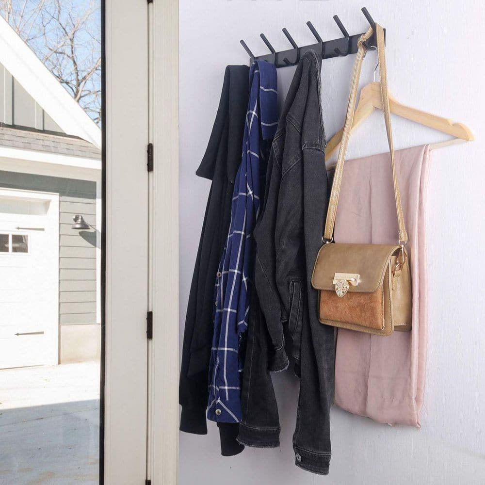 Black 17-Inch Heavy Duty Wall Mounted Coat Rack with 6 Hooks