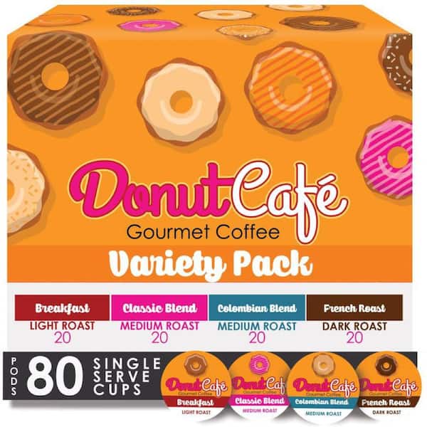 Donut Cafe Coffee Pods for Keurig K-Cup Brewers, Light Medium and Dark Roast, Variety Pack, 80 Count