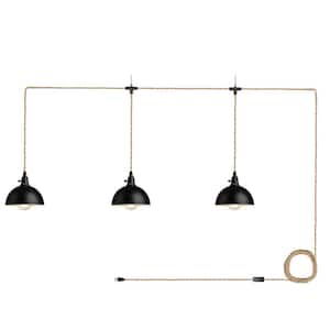 3-Light Black Standard Shaded Hanging Lamps Pendant Light with Plug in Cord 29 ft. Twisted Hemp Rope Switch