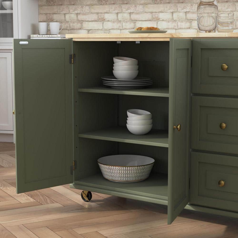 Sage Green Wood Kitchen Cart with Storage and Spice Rack