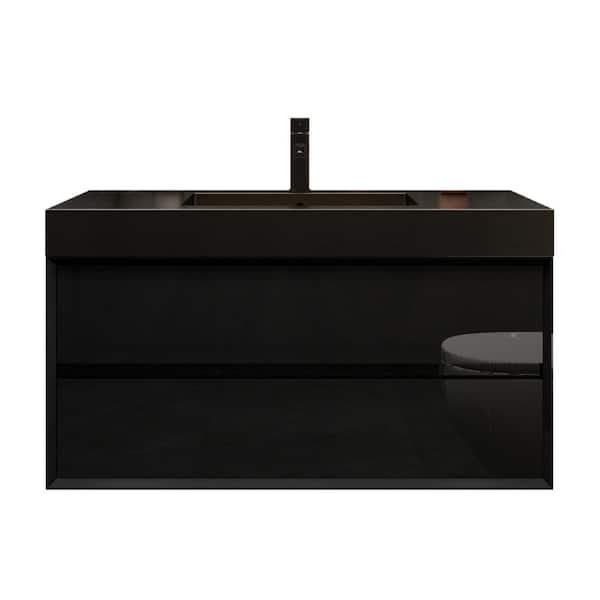 MIA 42 in. W x 20 in. D x 24 in. H Single Sink Floating Bath Vanity in Gloss Black with Black Stainless Steel Top