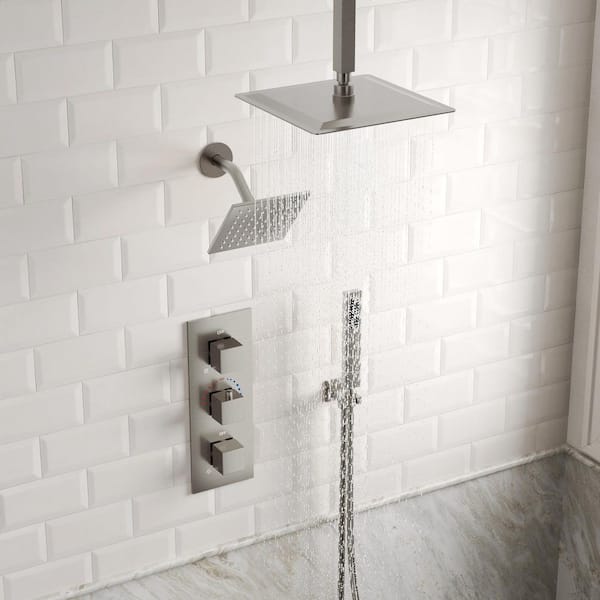 ZenithRain 5-Spray Square High Pressure with Dual Rainfall Showerheads Thermostatic Valve Included in Brushed Nickel