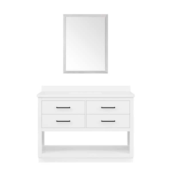 OVE Decors Rider 48 in. W x 22 in. D x 34 in. H Single Sink Vanity in White with White Engineered Stone Top and Nickel Mirror