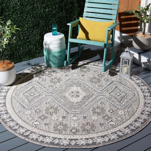 Global Light Gray/Dark Gray 7 ft. x 7 ft. Aztec Geometric Border Indoor/Outdoor Round Area Rug