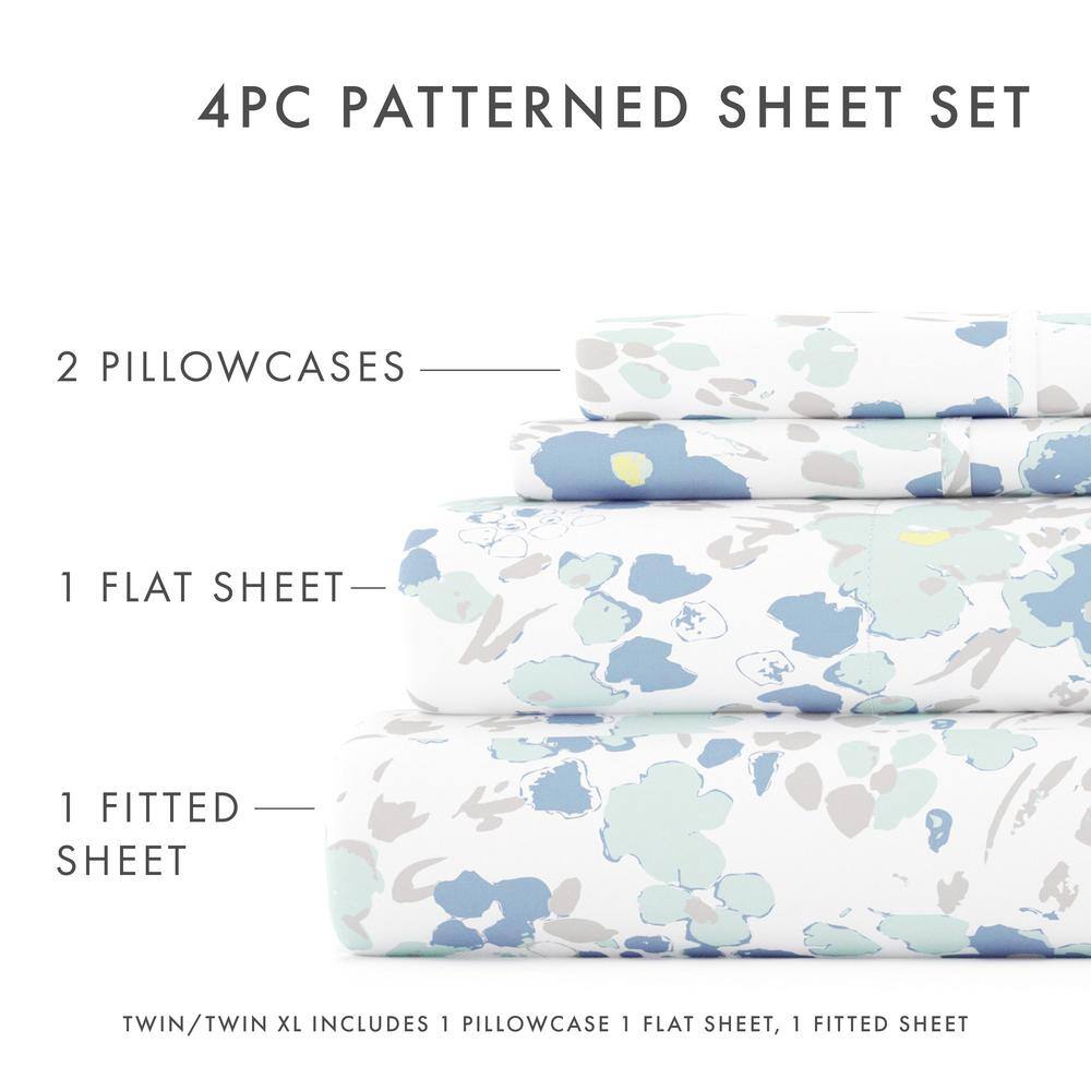 Queen Light Blue Floral Microfiber Deep Pocket Sheet Set