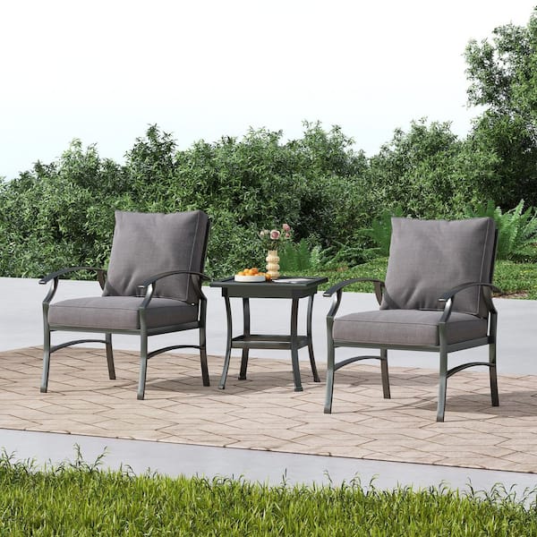 Uixe 3-Piece Metal Outdoor Armchair Patio Conversation Set with Gray Cushions