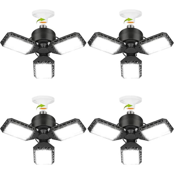 120V 8000 Lumen E26 Integrated LED Garage Light 4-Pack Deformable Ceiling Lights with Adjustable Panels for Basement