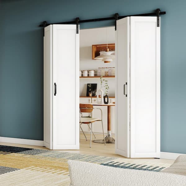 72 in. x 84 in. (36 in. W x 2) White, 1-Panel Finished, Paneled MDF, Bi-Fold Style Sliding Barn Door with Hardware Kit