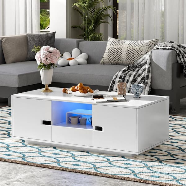 Harper & Bright Designs Modern High Glossy 47.2 in. White Rectangle Wood Coffee Table with Storage Space, 16 Color LED Lights