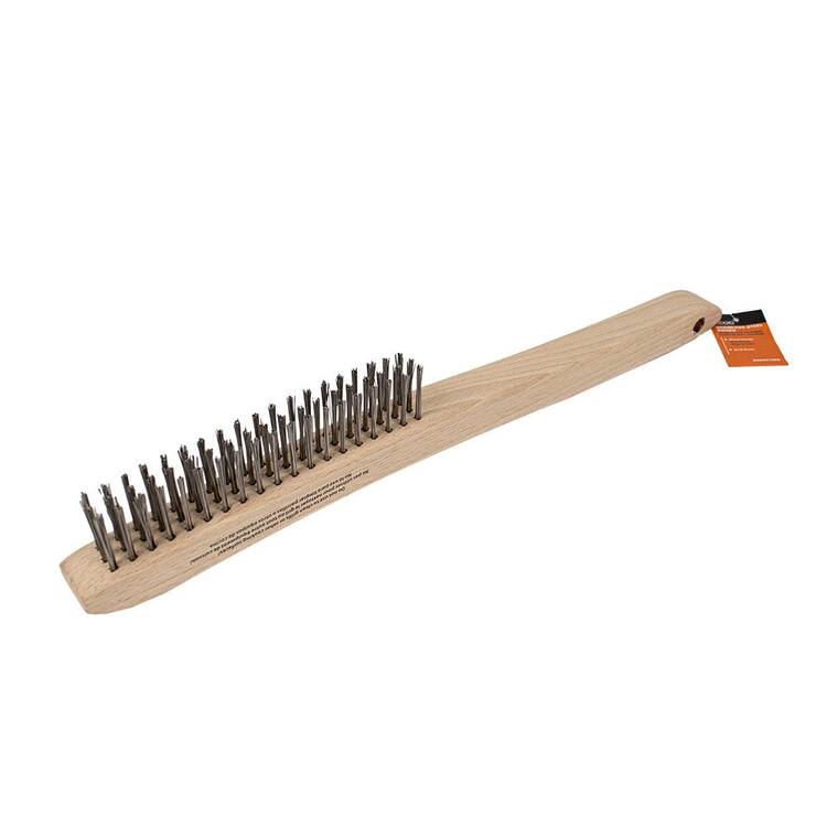 RIDGID Stainless Steel Scratch Brush with Extended Wooden Handle, 3 x 19 Stainless Steel Bristle Rows
