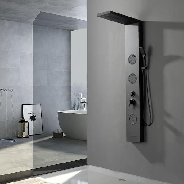 3-Jet Rainfall Shower Panel System with Rainfall Shower Head and Shower Wand in Black