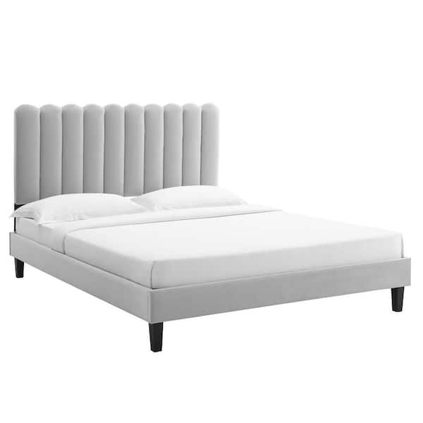 MODWAY Reagan in Gray Light Gray Performance Velvet Frame Queen Platform Bed