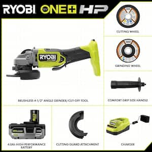 ONE+ HP 18V Brushless Cordless 4-1/2 in. Angle Grinder Kit with 4.0 Ah Battery and Charger