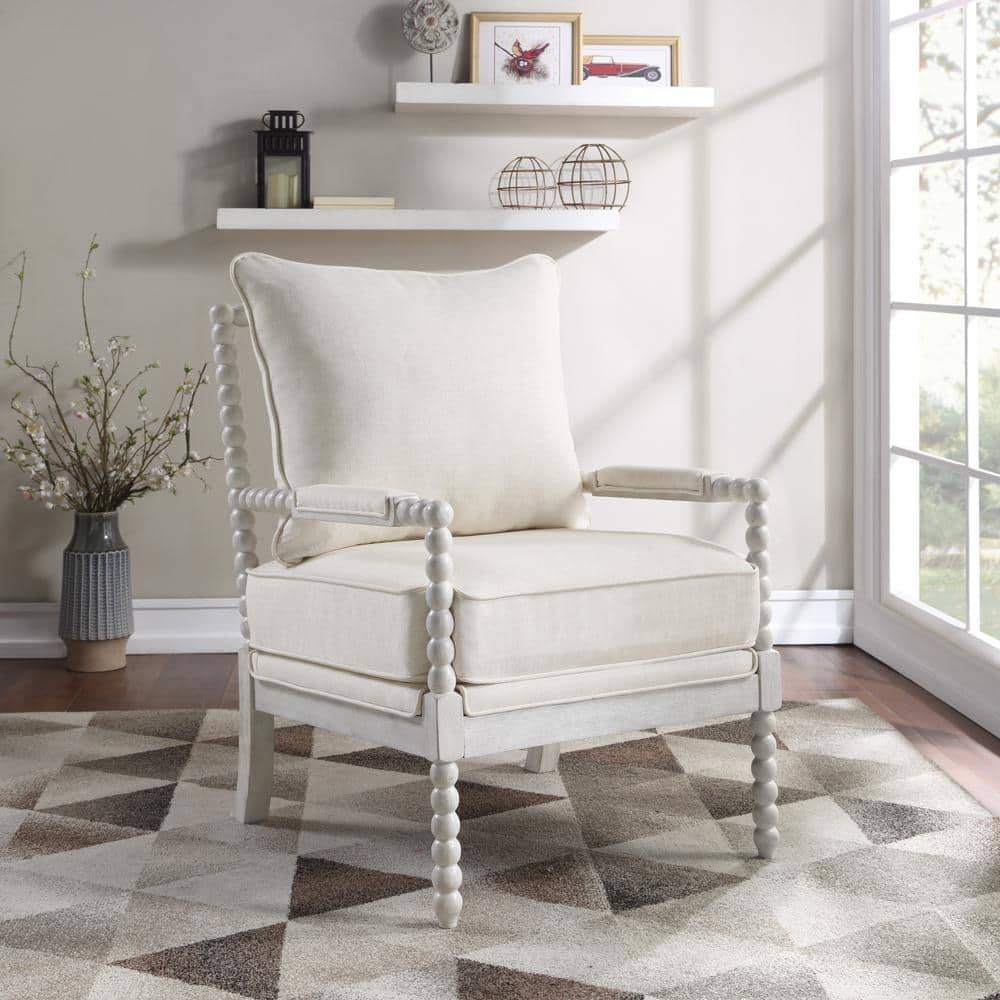 Kaylee Linen Beige Spindle Chair with White Wood Frame