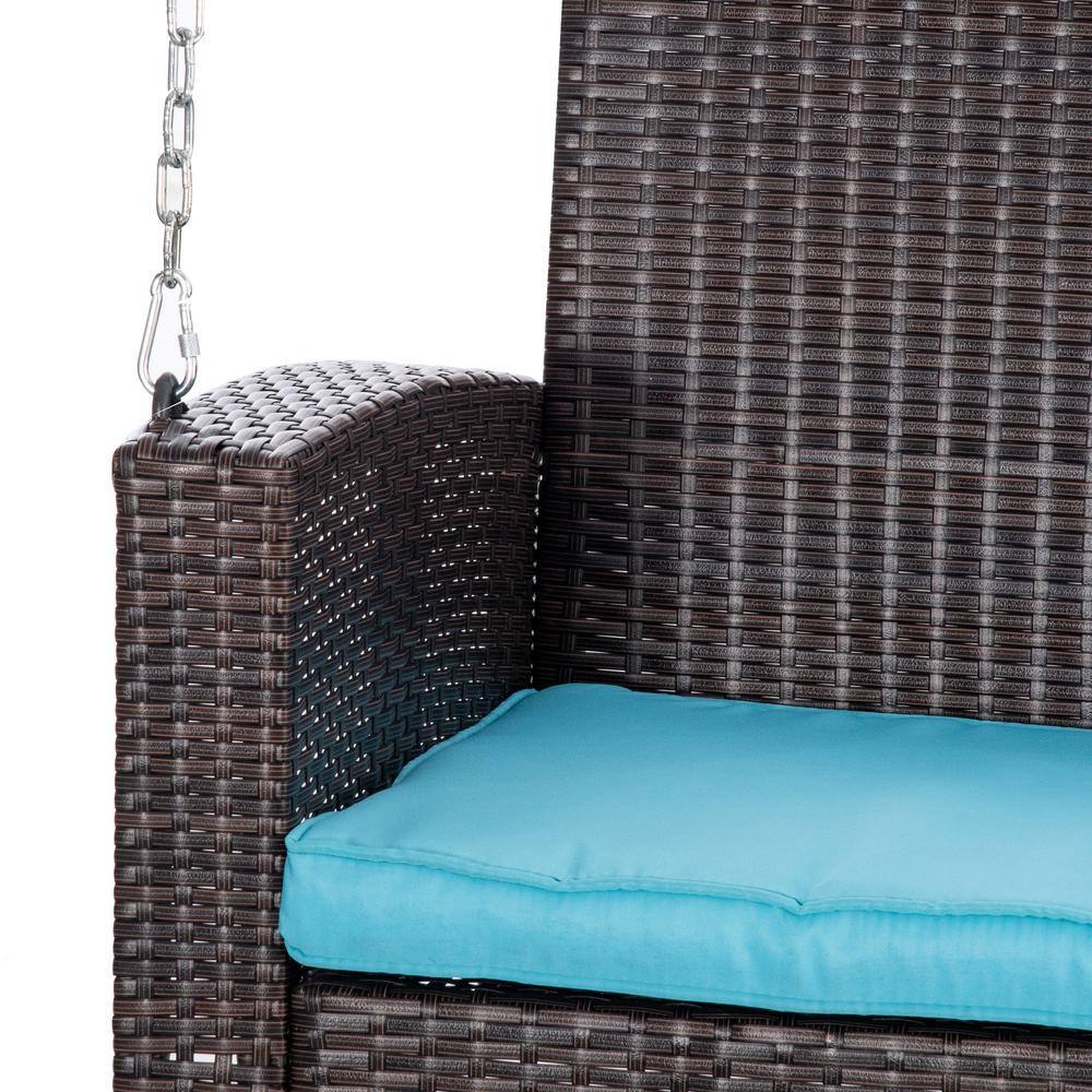 Sky Blue Cushioned 2-Person Wicker Hanging Porch Swing Bench