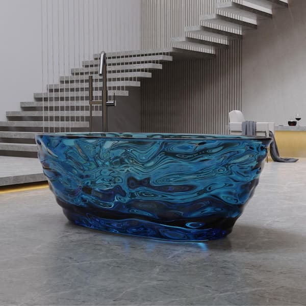 Moray 65.75 in. x 30 in. Resin Stone Solid Surface Freestanding Flat Bottom Soaking Bathtub in Translucent Blue