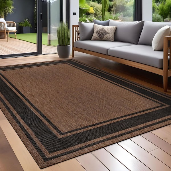 Essence Gold/Black 9 ft. x 12 ft. Bordered Easy to Clean Indoor Outdoor Area Rug