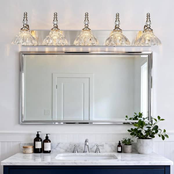 Home Lighting 38.58 in. 5-Light Nickel Vintage Bathroom Vanity Light with Flower Glass Shade Over Mirror for Bathroom