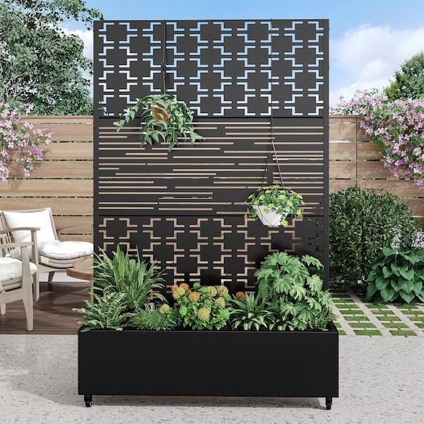 Lumioca 71.37 In. H x 46.8 In. W Iron Black Planting Box with Climbing Frame Decorative Art Panel (Flower Shaped+Blinds)