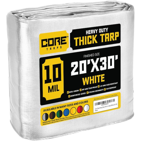 CORE TARPS 20 ft. x 30 ft. White 10 Mil Heavy Duty Polyethylene Tarp, Waterproof, UV Resistant, Rip and Tear Proof