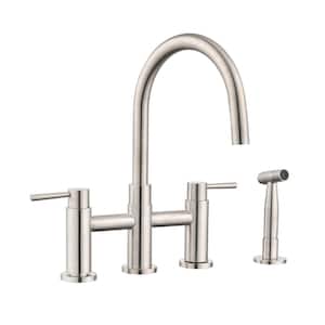 Double Handle Bridge Kitchen Faucet with Pull Out Side Sprayer 304 Stainless Steel 4 Hole Sink Taps in Brushed Nickel