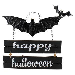 17 in. Black Metal Bat and Happy Halloween Hanging Sign Wall Decor