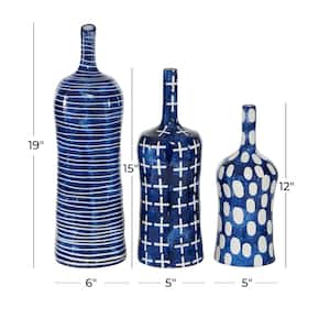 12 in., 15 in., 19 in. Blue Ceramic Decorative Vase with Varying Patterns (Set of 3)