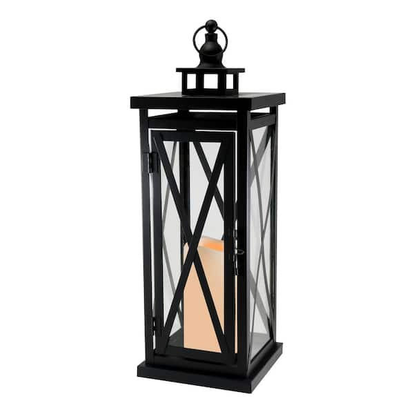 LUMABASE Metal Lantern - Warm Black Criss Cross with Battery Operated LED Candle