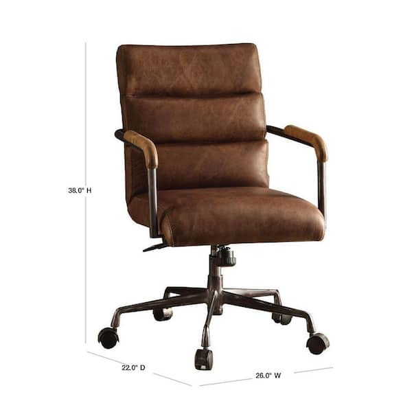 Benjara Retro Brown Metal And Top Grain, Full Leather Office Chair