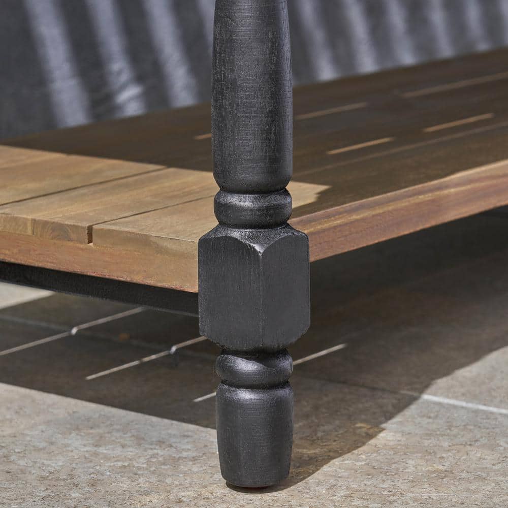 Gray and Black Acacia Wood Farmhouse Bench with Shelf