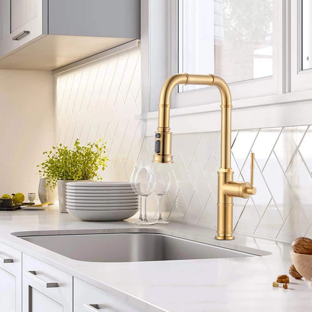 Brushed Gold Brass Single Handle Pull-Down Kitchen Faucet