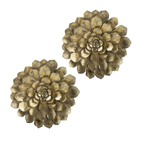 Tatahance 10.2 in. x 10.2 in. Gold Finish Resin Flower Wall Decal 2-Piece