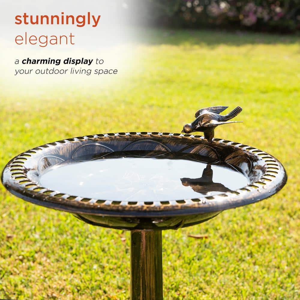 Bronze Plastic Bird Bath with Bird Figurine, 27-Inch